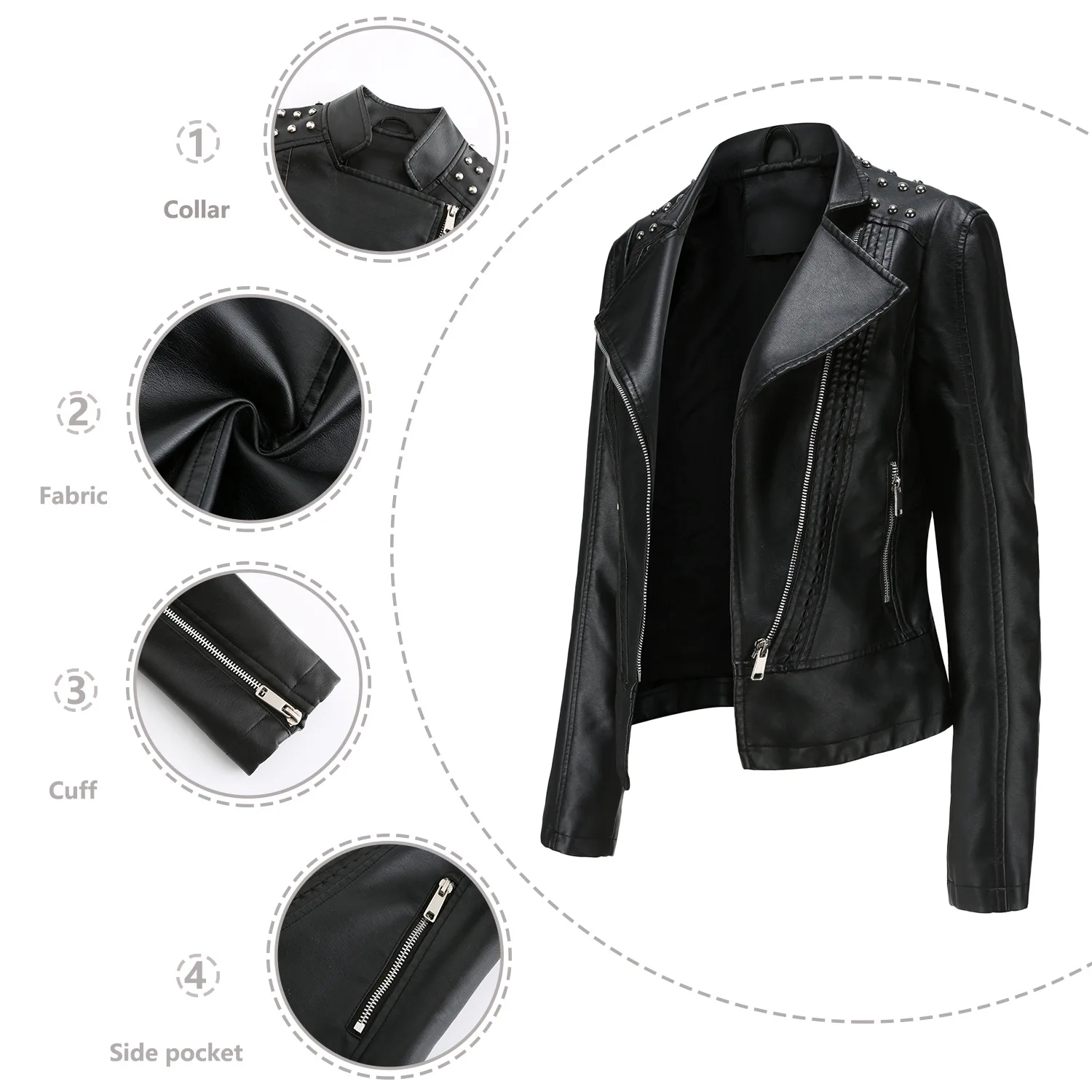 Kenntrice Women Biker Jacket Faux Fashion Rivet PU Leather Coats High Quality Spring Thin Casual Turn-down Collar Wild Jacket