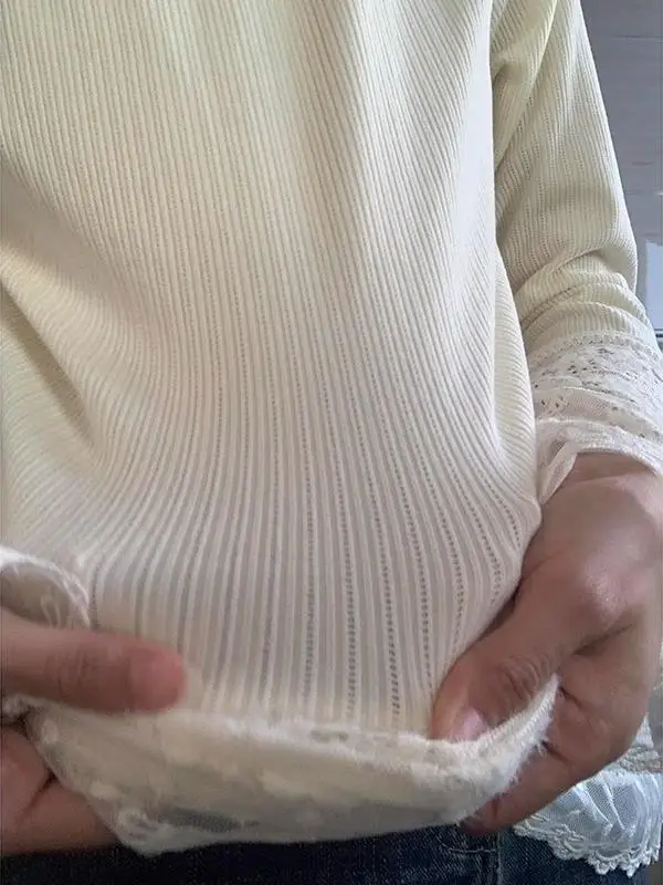Lace Patchwork Long sleeve Knitted Bottoming Shirt Women Autumn and Winter New Korean Series Soft Girl Wear Sweet Top |