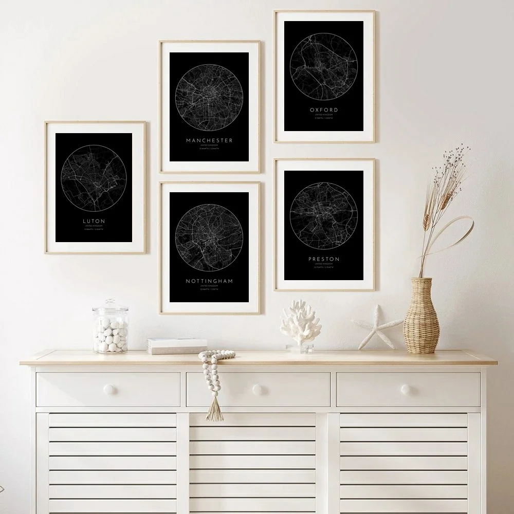 Luton Великобритания, Манчестер, Ноттингем, Оксфорд, Престон черная карта настенное Искусство Холст плакат печать домашний декор нерамка