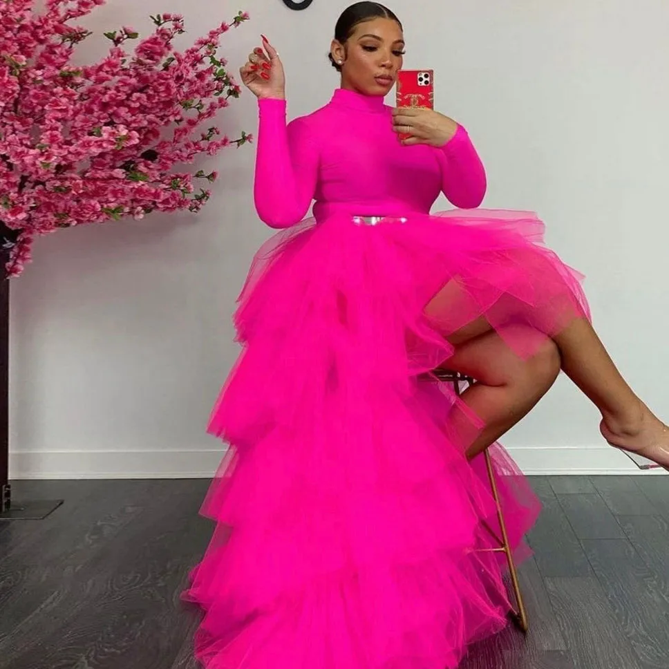 Hot Pink Fluffy High Low Tulle Skirts Women To Party Ruffles Tiered Tulle Skirt Mesh Maxi Skirt Elastic Female Bottom