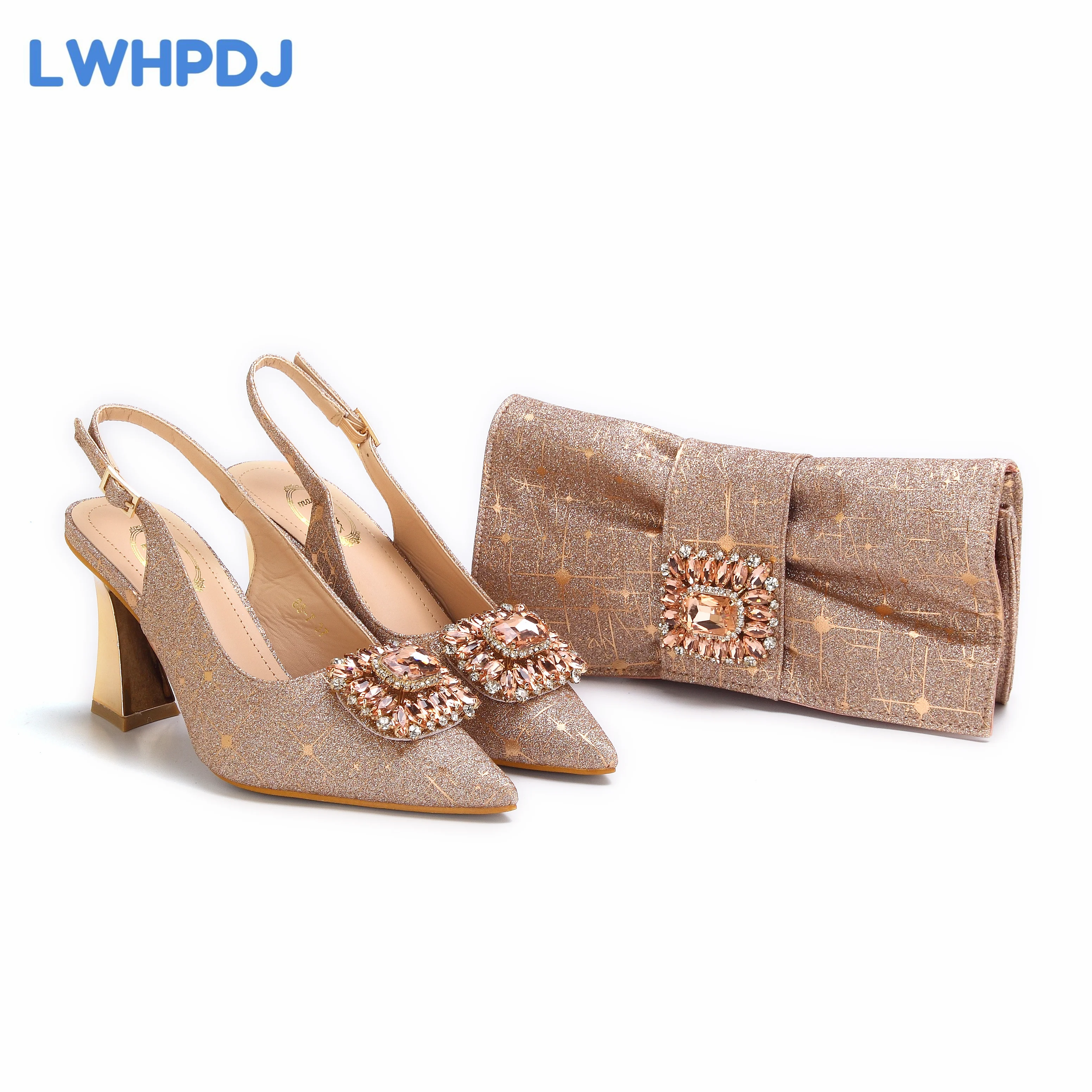 Новинка босоножки цвета шампань на высоком каблуке с острым носком украшенные