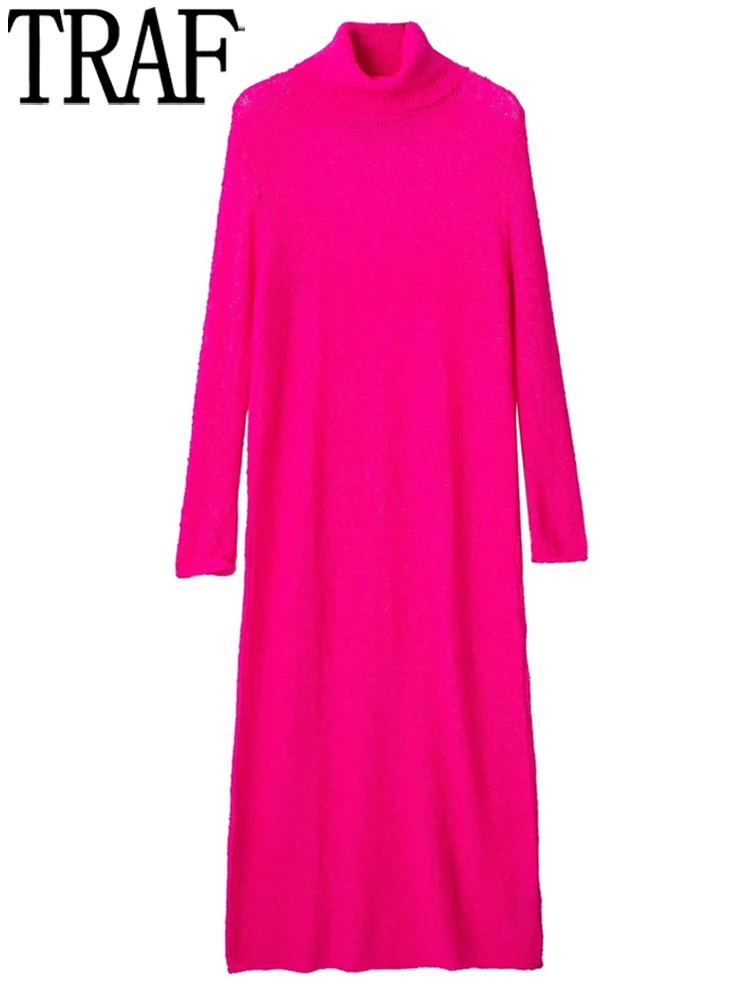 

TRAF Pink Knit Dress Woman Turtleneck Long Dress Women Autumn Loose Woman Dresses Long Sleeve Casual Midi Dresses for Women 2022