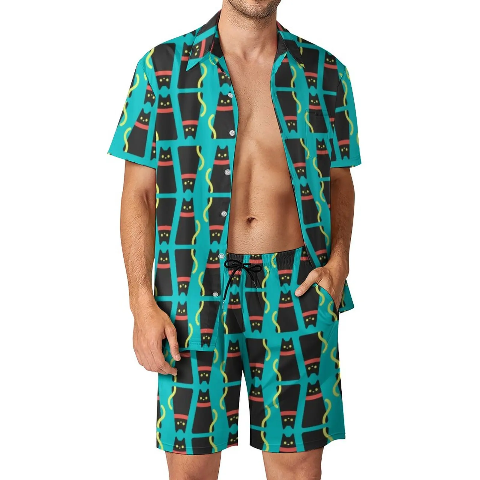 

Fun Black Cat Men Sets Yellow Tail Print Casual Shorts Summer Fashion Vacation Shirt Set Short Sleeve Graphic Oversized Suit