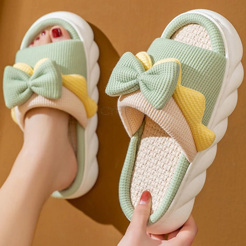 

Women's Slippers Home Fashion Butterfly-Knot Open Toe Flax House Slipper Female Lovely Indoor Slippers Eva Non-Slip Slides Shoes
