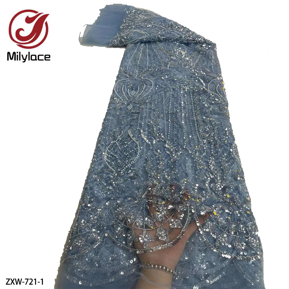 

Luxury African Lace Frabric High Quality French Lace Sequins Beaded Embroidered Lace Fabric for Wedding Dress ZXW-721