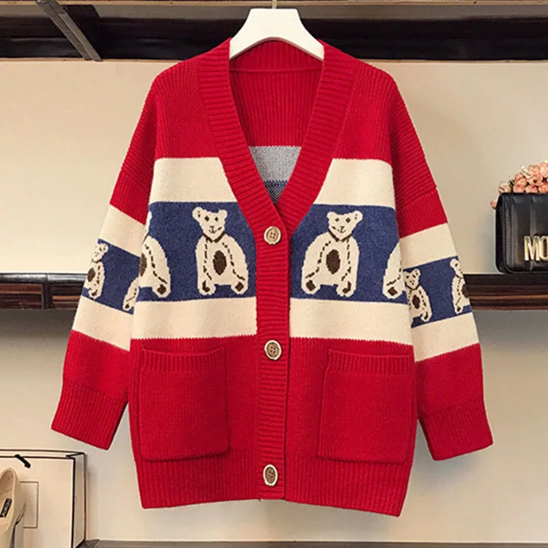 

DAYIFUN Autumn Knit Cardigan Sweater Coat Women Cartoon Bear Printing Loose Oversize Top Knitwear Patchwork Color Pockets Jacket