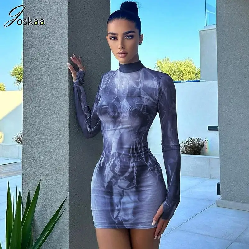 

Joskaa Tie Dye Printed Blue Mini Dress Women Fashion Long Sleeve O-Neck Bodycon Dresses 2024 Spring Sexy Vestidos Party Clubwear