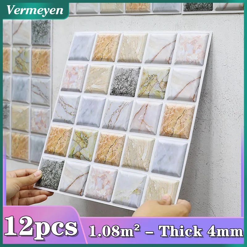 

12pcs 3D Mosaic Tile Wall Sticker Self-Adhesive Wall Stickers for Bathroom Kitchen Wall Refurbishment Wall paper Home Wall Decor