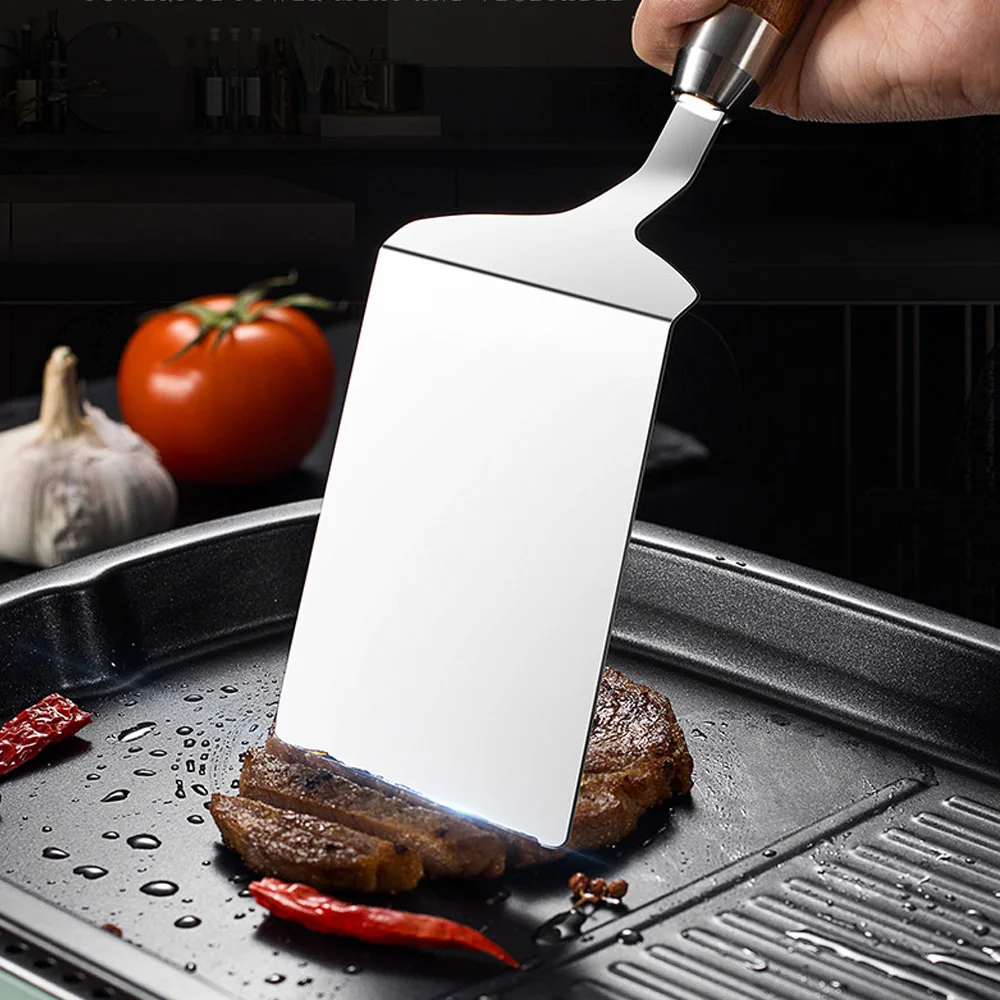 

Food Grade Shovel 403 Stainless Steel BBQ Plate Grill Scraper Pancake Spatula 8.5cm Large Shovel Surface with Wood Handle