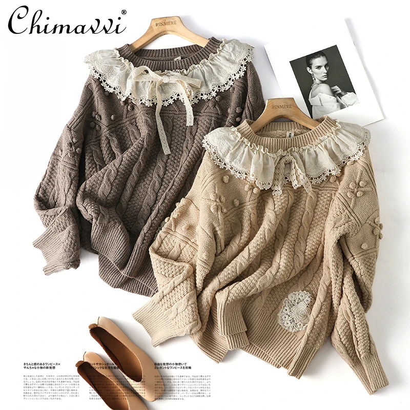 Японский новый осенне-зимний шерстяной пуловер смешанный витой цветок лотос