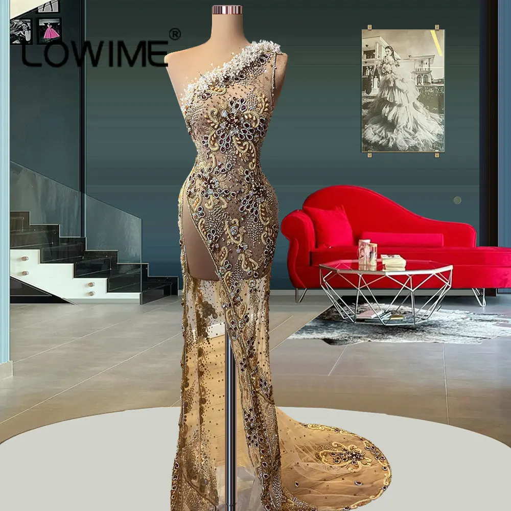 

Champagne Luxury Heavy Handwork Long Mermaid Women Evening Party Dresses Sexy Illusion Diamond Beading Crystal Pageant Prom Gown