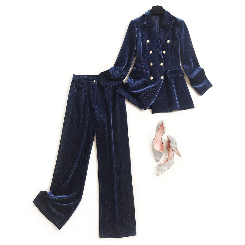 Velvet wide-leg pants suit Women 2 Piece Set slim Blazer Jacket Office lady business Celebrity Evening Runway Party Suit