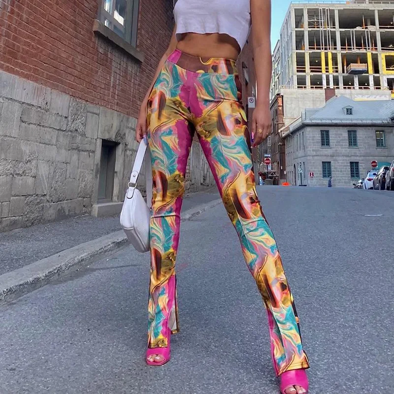 

Women Elastic Waist Pencil Trousers Slim Fit Abstract Ripple Print High Waist Slit Trousers Hip Hop Streetwear