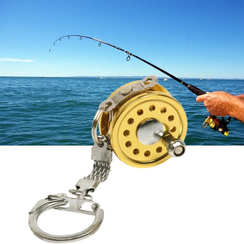

Mini Fly Fishing Reel Keychain Aluminum Alloy Golden Keyring Fishing Tool Gift for Father's Day