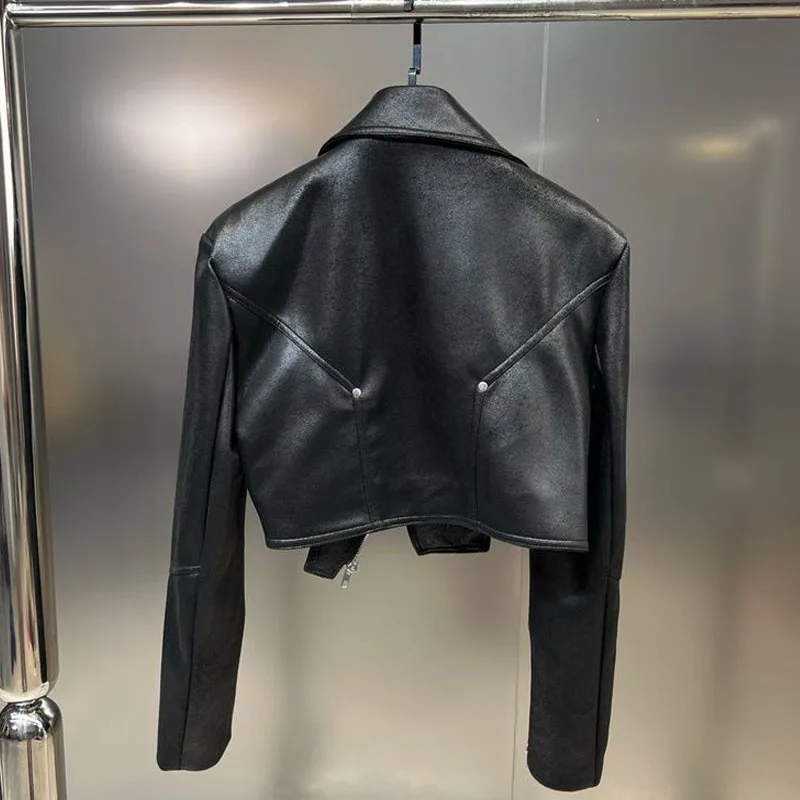 1pcs Women's PU Leather Short Jackets Coat 2022 Autumn Faux Fur Zipper Splicing Irregular Ladies Skinny Locomotive Small Coats