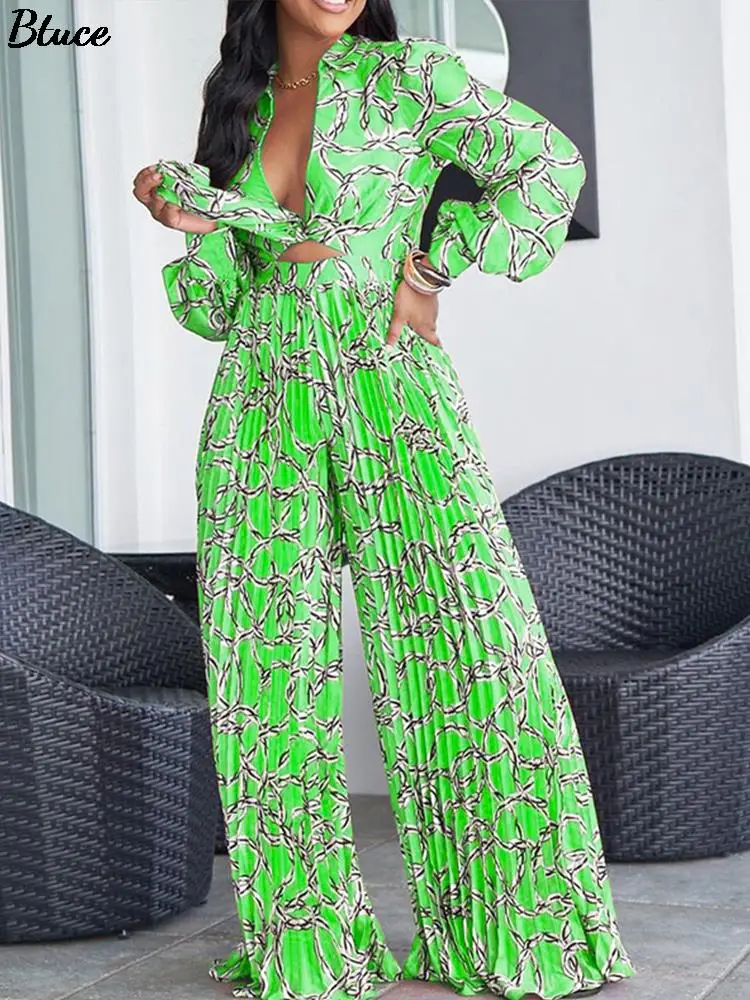 

Print Pleated Women Two Piece Set Loose Long Sleeve Shirts With Wide Leg Pants Suit Summer Female Casual Sexy Outfits 2022 New