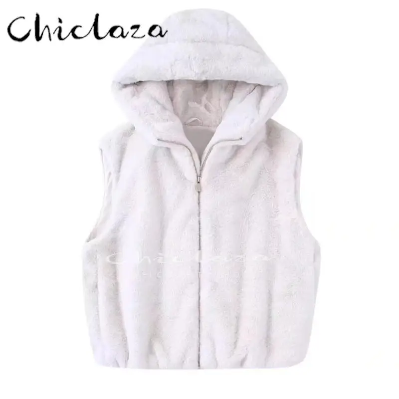 

CHICLAZA 2022 Winter Women Fashion Faux Fur Hooded Vest Coat Female Casual Soft Sleeveless Warm Loose Waistcoats