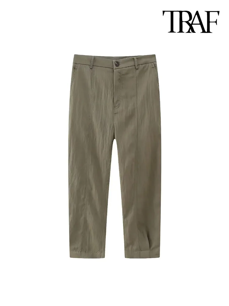 

TRAF Women Fashion Side Pockets Front Darts Pants Vintage High Waist Zipper Fly Female Ankle Trousers Mujer