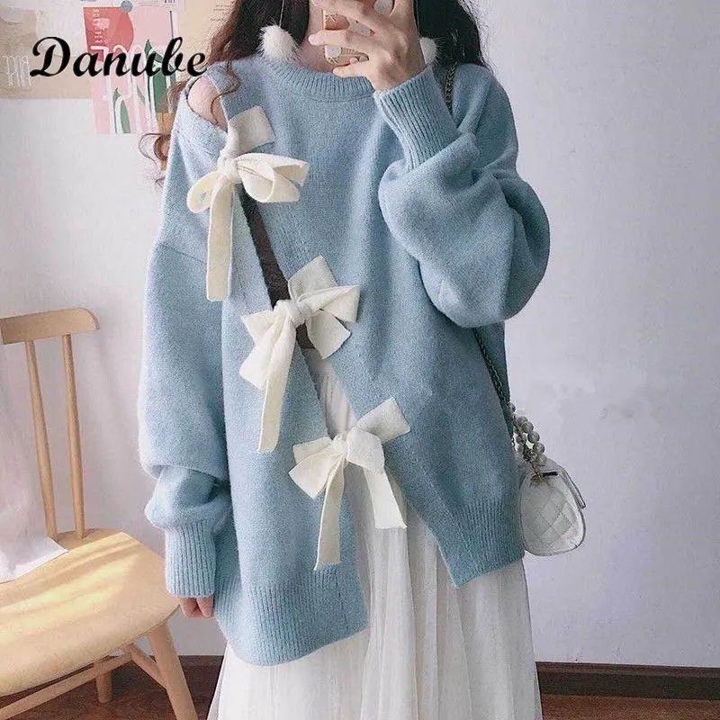 

Sweet Lolita Bow Sweater Women Korean Fashion Lrregular Loose Casual Retro Knit Pullover Japanese Preppy Style Knitwear Jumper