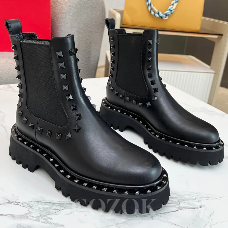 

Женские короткие ботинки, Новинка осени 2023, дизайнерские Нескользящие ботинки с круглым носком и металлическими заклепками, женская обувь на толстой подошве