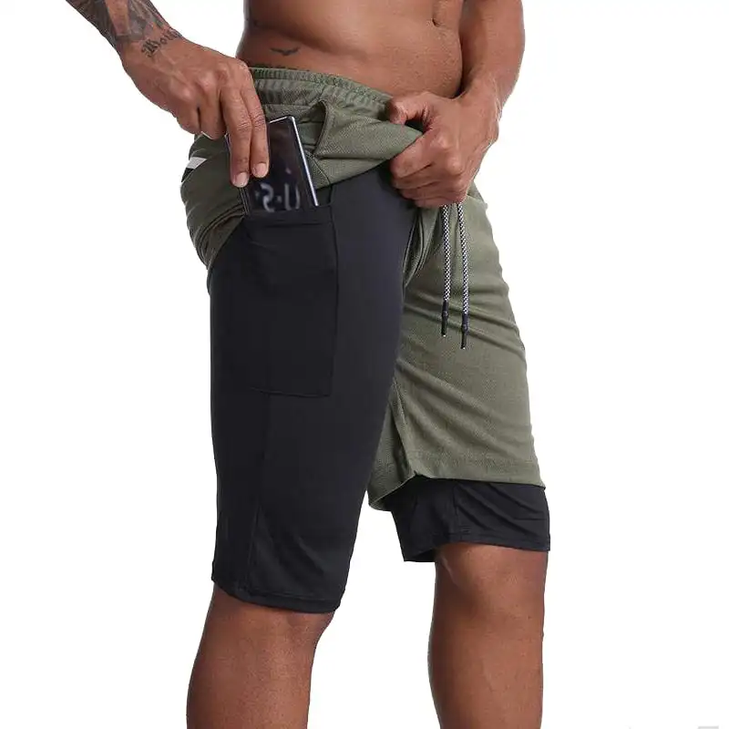 Men's Camo Running Shorts 2 In 1 Double-deck Quick Dry GYM Sport Short Fitness Jogging Workout Short