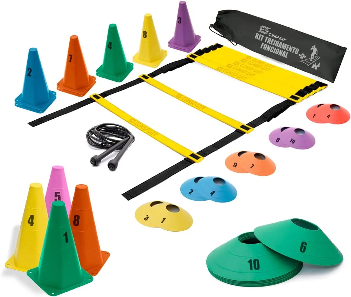 

Kit Treino Agilidade Funcional 1 + 1Corda de Pular + 10 Cones Agilidade + 10 Chapeus Chines Mini Cones + Mochila Fitness Treino