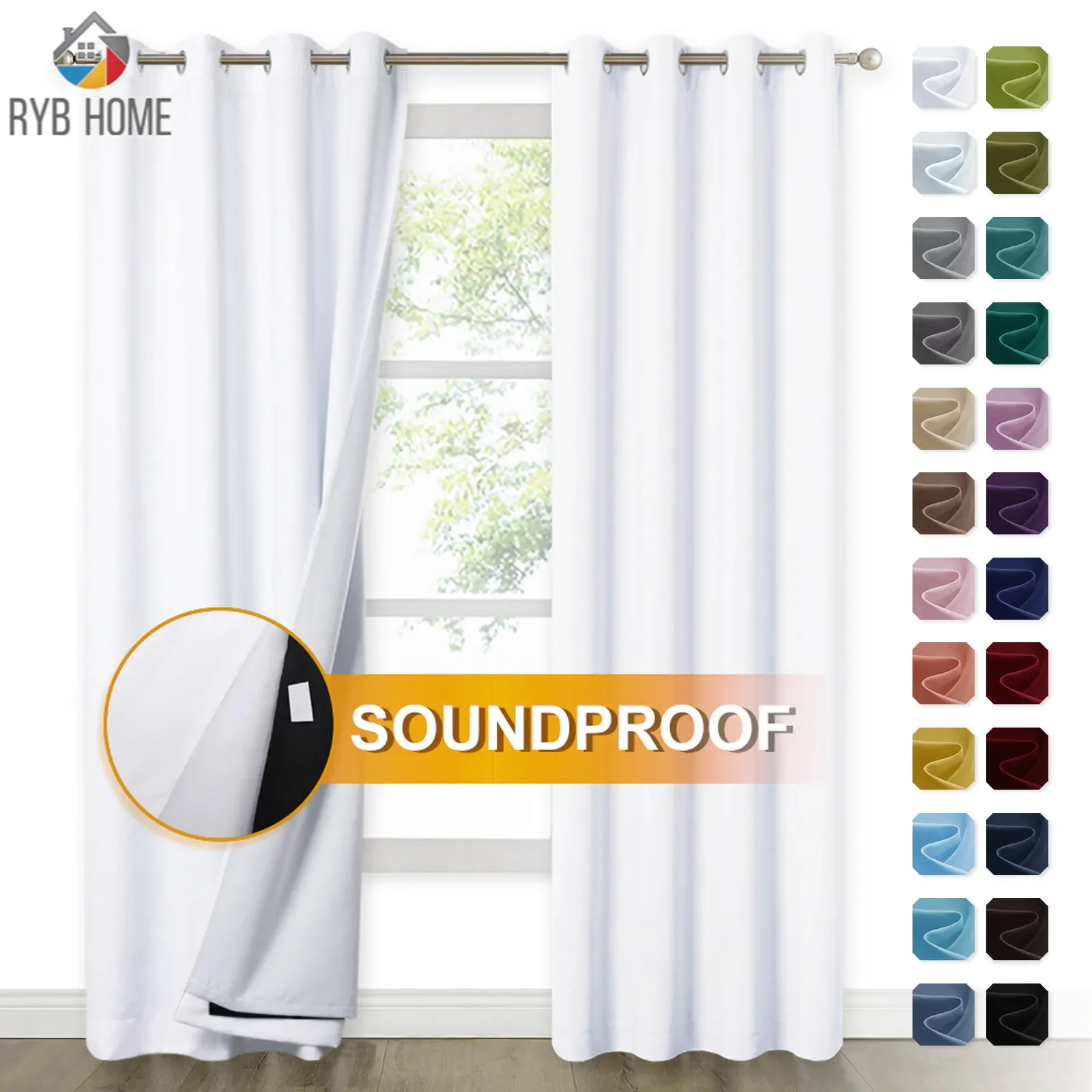

NEW RYB HOME 36 colors Full Blackout Curtains with Felt Fabtic Liner for Sound Insutation 3 Layers 100% Light Block Home Theater