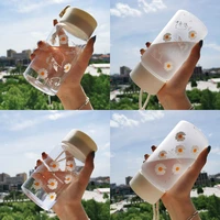 hot 450ml small daisy transparent plastic water bottles bpa free creative frosted water bottle with portable rope travel tea cup