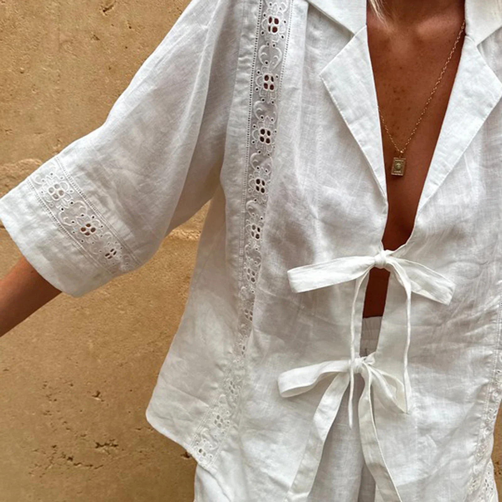 Женская повседневная рубашка из двух предметов с рукавами 3/4 завязанным узлом