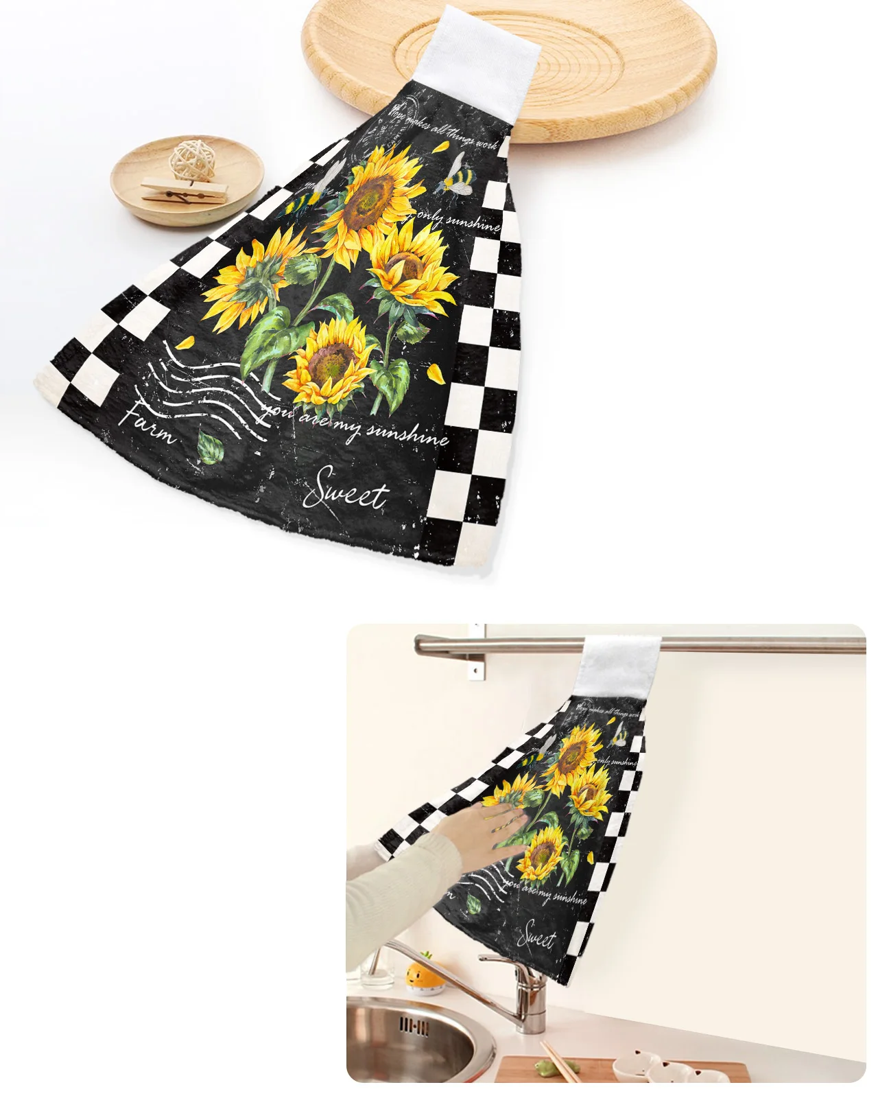 

Retro Flower Sunflower Bee Plaid Hand Towels Home Kitchen Bathroom Hanging Dishcloths Loops Soft Absorbent Custom Wipe Towel