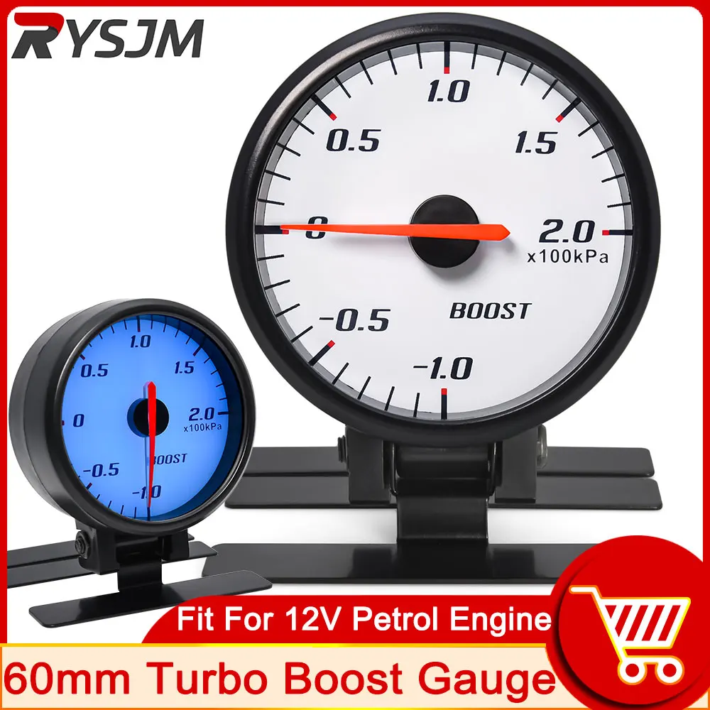 

2.5" 60mm Pointer Blue Backlight White Face Auto Car Turbo Boost Gauge -100~200 KPA Turbo Meter With Sensor Vacuum Gauges