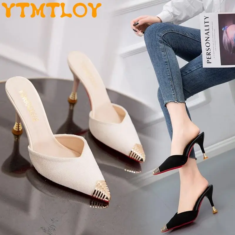 

Korean Version Of High-heeled Suede Lazy Women's Shoes 21 Spring And Summer New Baotou Metal Half Slippers Pointed Toe 6cm-9cm