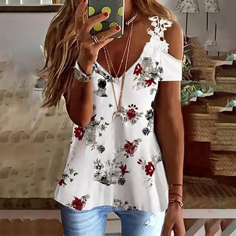

Lace Camisole V-Neck Sexy Tops Summer 2022 Women Off Shoulder Floral Print T Shirt Casual Short Sleeve Loose Fashion Top Shirts