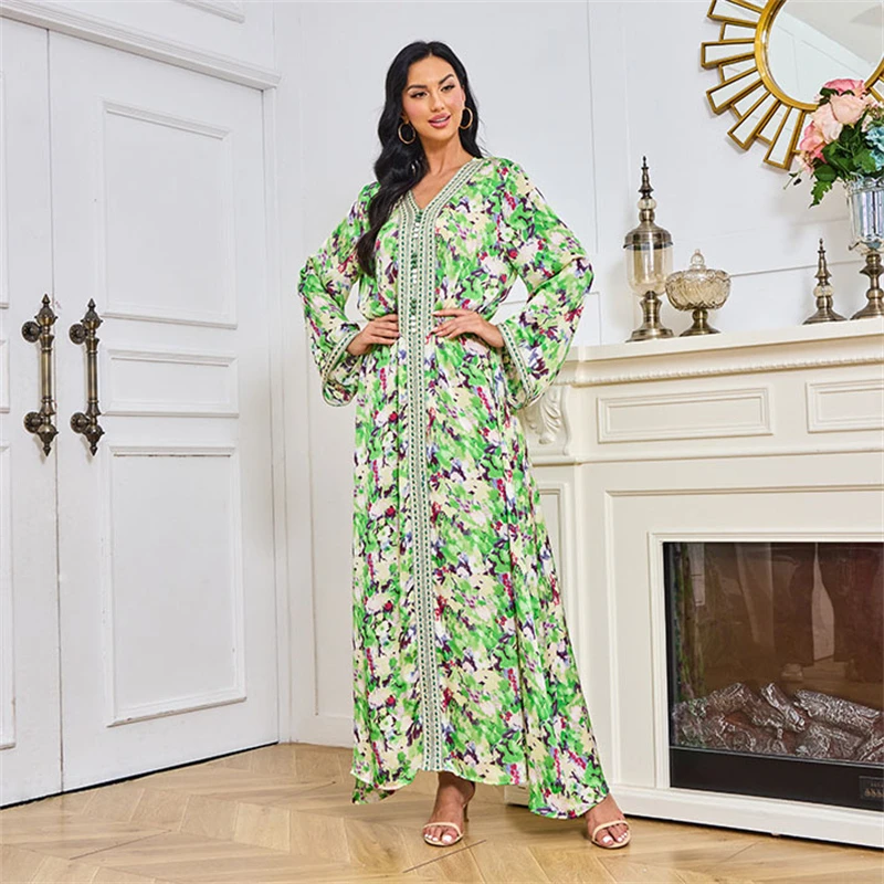 

Элегантное платье с цветочным принтом для женщин, модные мусульманские платья Eid Рамадан Дубай Abayas, Турция, кафтан, Исламская джалабия