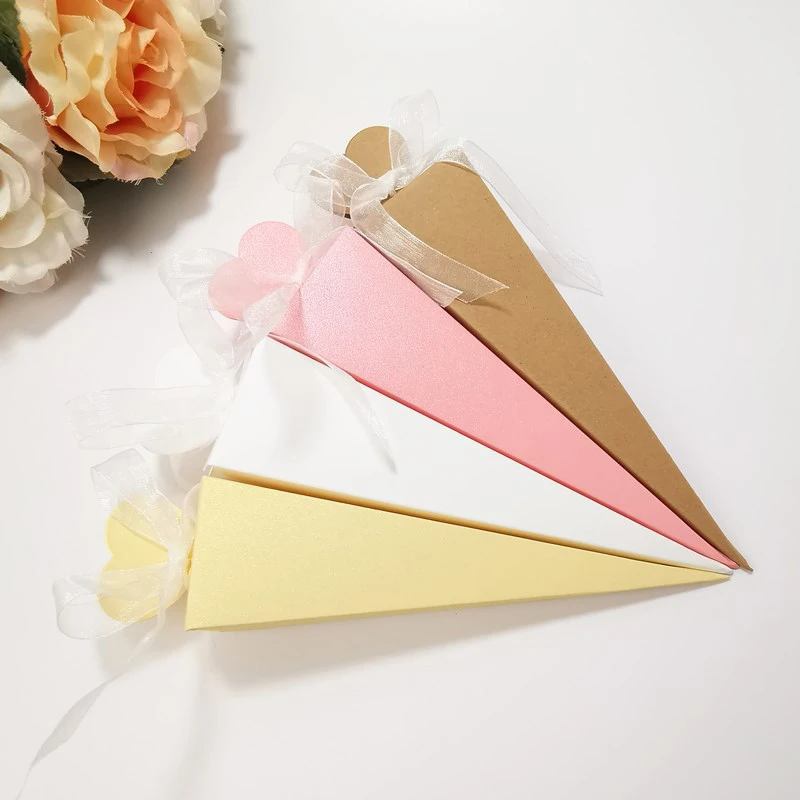25/50Pcs Ice Cream Cone Candy Box Heart Wedding Favor Gift Packaging Box With Ribbon Wedding Birthday Christmas Party Decoration