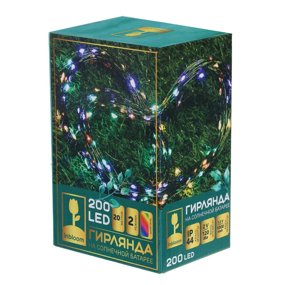 Гирлянда INBLOOM нить росы на солнечной батарее 20м 200LED*мульти 2 режима 2V120Ma 1.2V1000mAh |