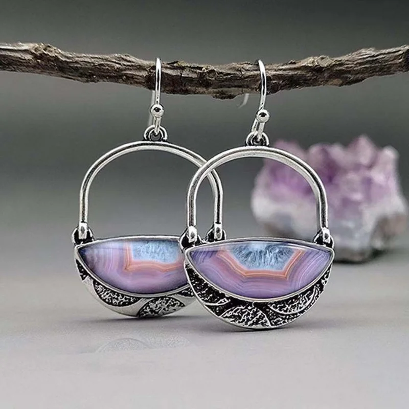 

European and American Vintage Purple Stone Dangle Earrings Ladies Tribal Hollow Lock Shaped Hook Earrings Pendientes