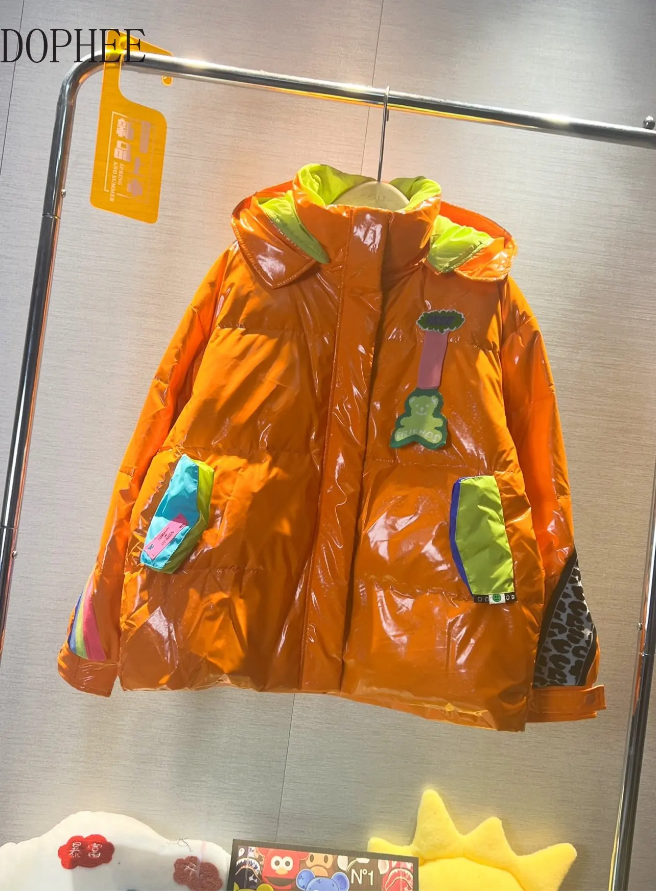 

Fashion New Women Winter Parkas Colorblock Zip Loose Hooded Jacket Age Reducing Elegant White Duck Down Coat Streetwear Clothes
