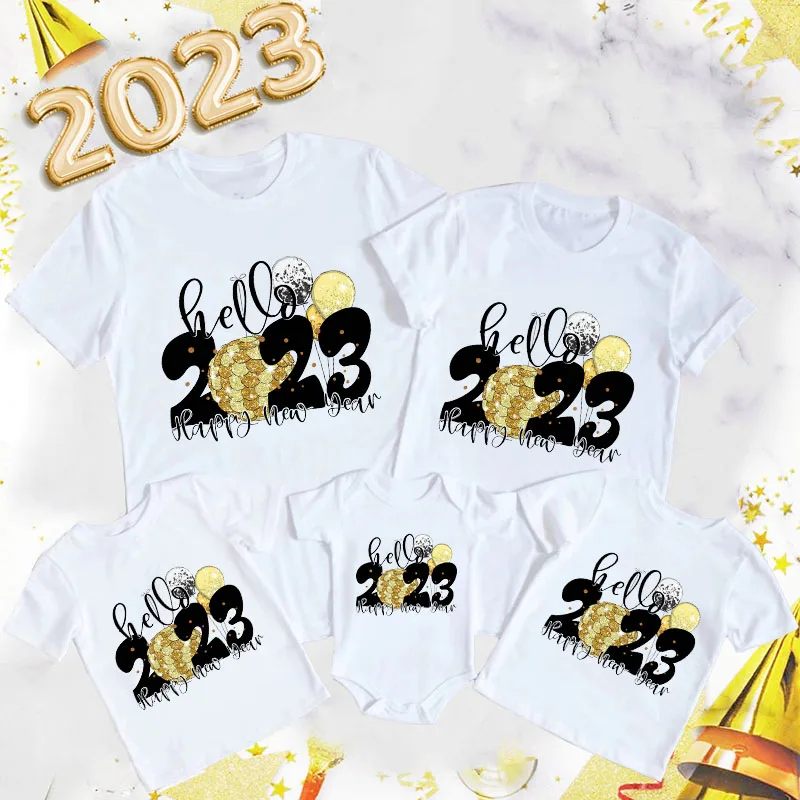Hello 2023 Family Matching Outfits Happy New Year Dad Mom and Daughter Son Tshirt Baby Romper Family Look New Year's Clothes