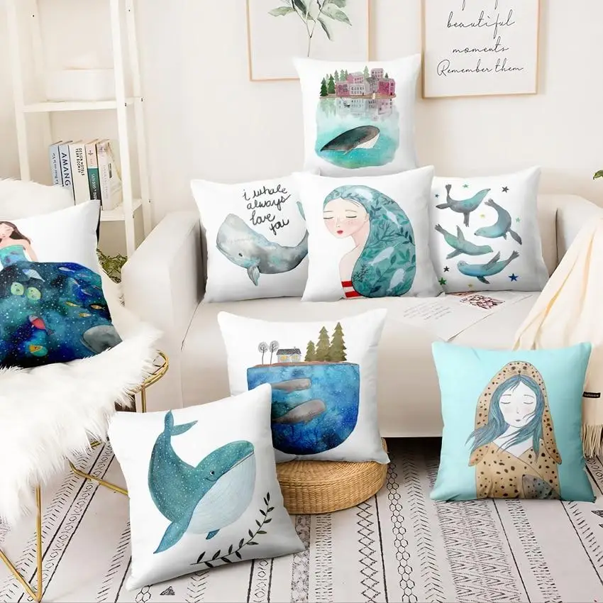 

Nordic Ocean Cushion Decoration Pillow Cartoon Whale Print Pillowcase Home Decoration Sofa Pillow Home Pillow Decoration