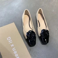 camellia flower flats woman patent leatherhemp fabric ins shoes women square toe loafers mixed color soft bottom moccasins 2022