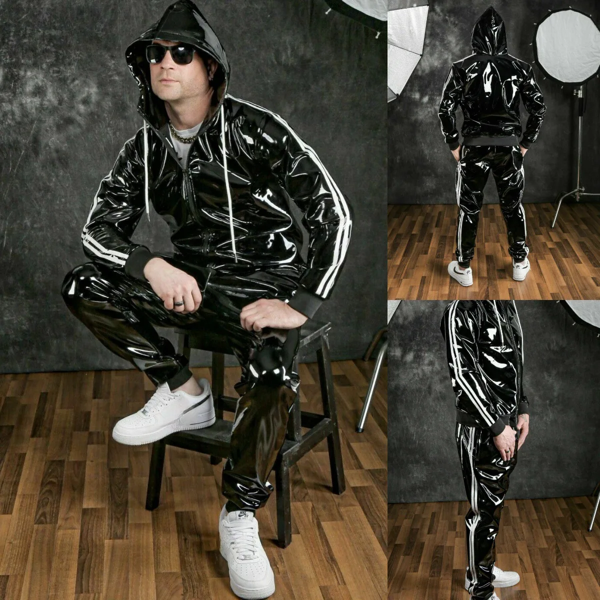 

2023 New Hooded Fashion PU Bright Leather Sports Suit Ropa Para Hombres Conjunto De Moletom Masculino Moletom Masculino