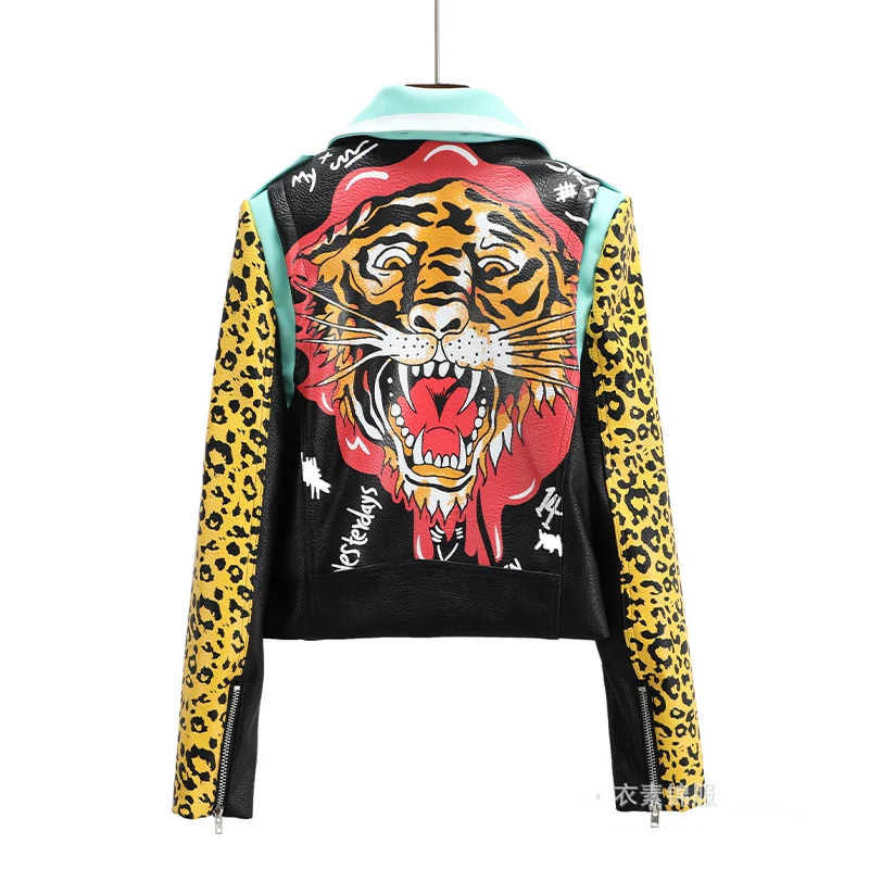 Cropped Motorcycle Leather Jackets for Women 2023 Trend Streetwear Contrast Color Graffiti Print Faux Leather Biker Jacket