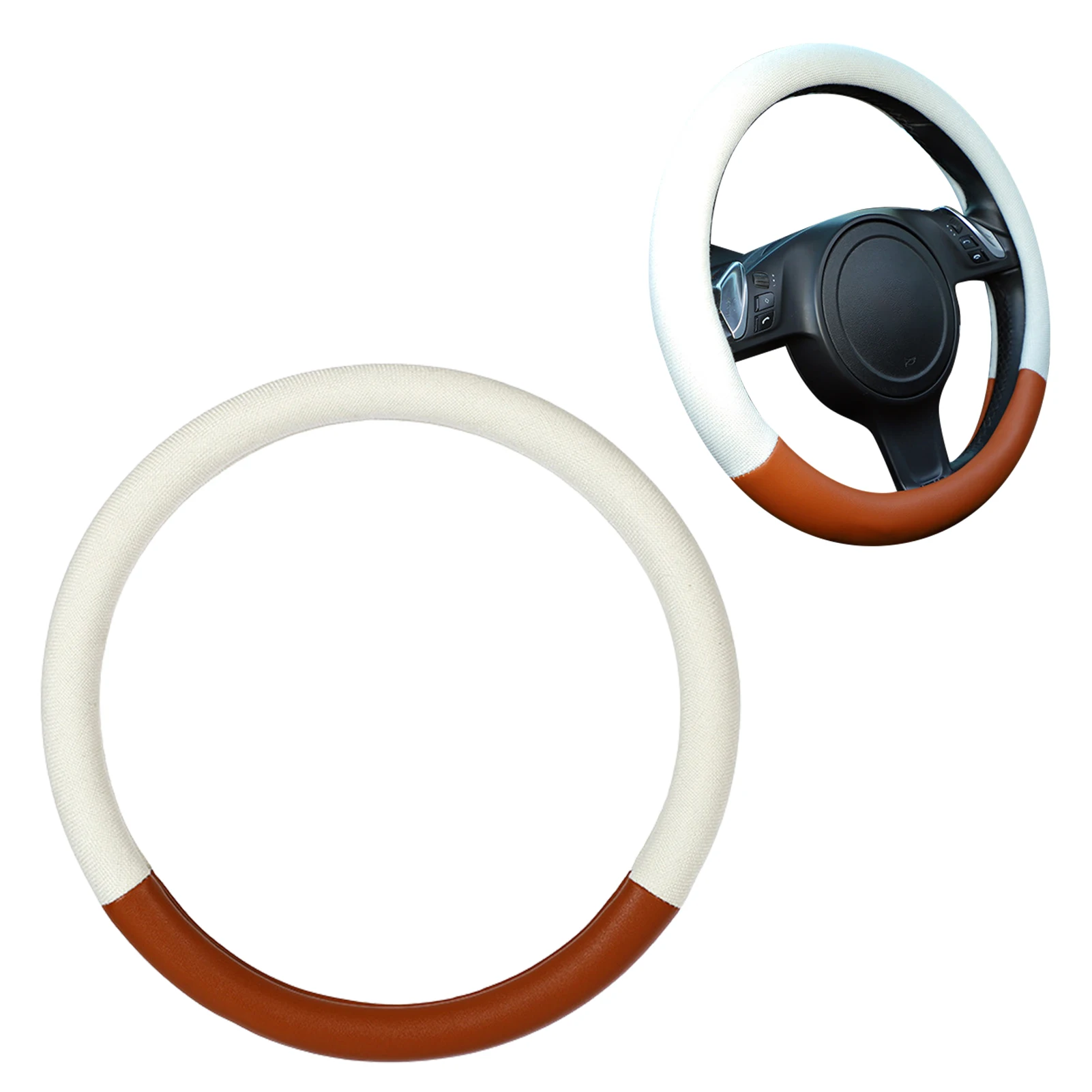 

Car Steering Wheel Cover Leather Steering Wheel Cover White And Brown Patchwork Leather Auto Car Steering Wheel Cover Universal