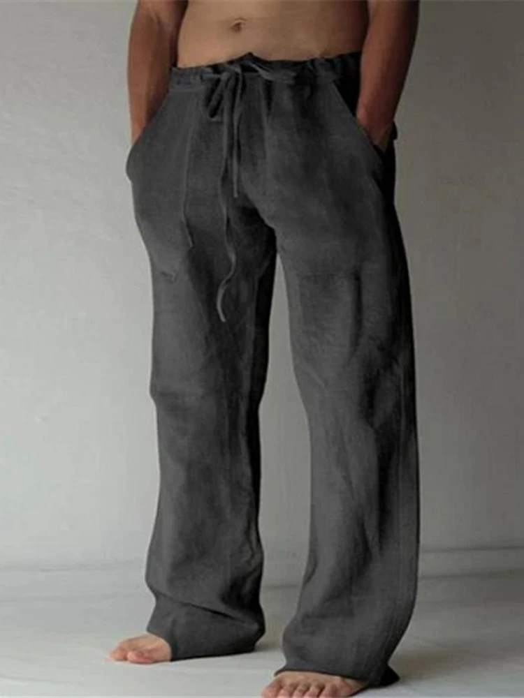 

Elastic Waist Basic Streetwear Long Pants Casual High Waist Men Cotton Linen Pants Solid Casual Loose Trouser Men Summer Clothes