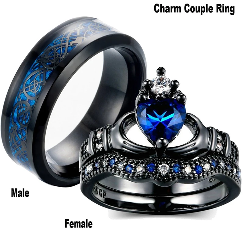 

2023 Fashion Jewelry Blue Crown Heart Rings Set Vintage Dragon pattern Stainless Steel Men Rings Trendy Couple Rings for Lover's