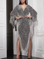women shiny sequin sexy v neck tassel dress glitter long flare sleeve sequins slit slim high waist evening prom party gown 2022