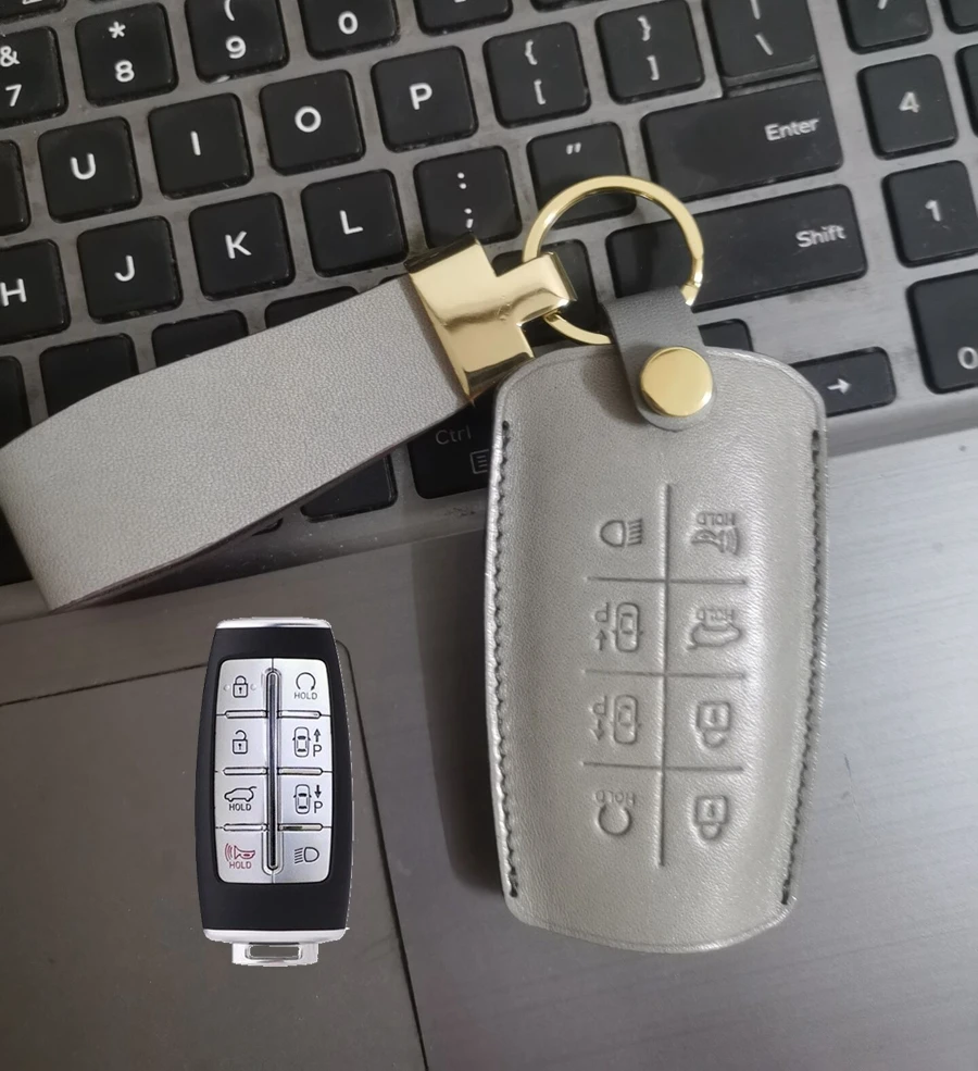 

Car Genuine Leather Remote Key Case Cover Holder Chain For Hyundai Genesis GV70 GV80 GV90 2020 2021 2022 8Buttons Accessories