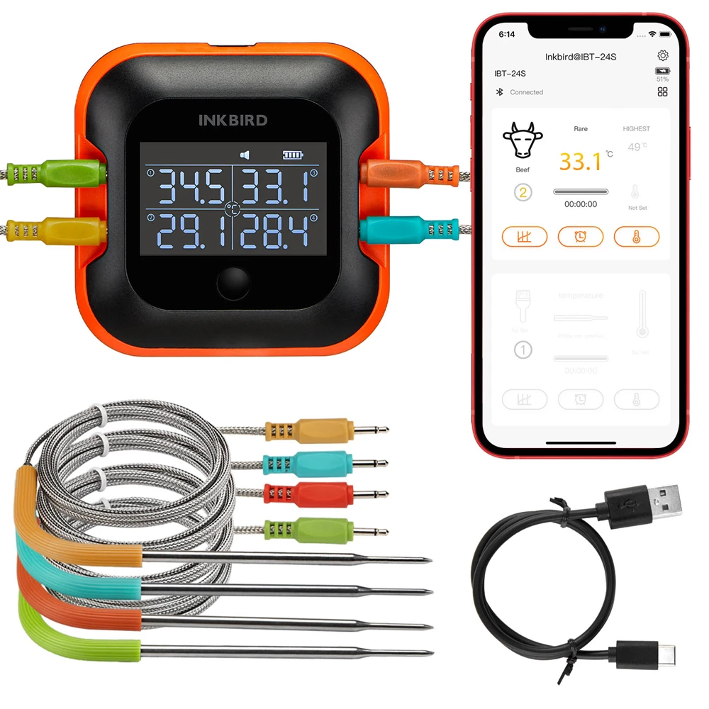 

INKBIRD IBT-24S BBQ Digital Grill Thermometer With Smart App Monitor Meat Thermometer With 4 Probes Backlit LCD With Timers