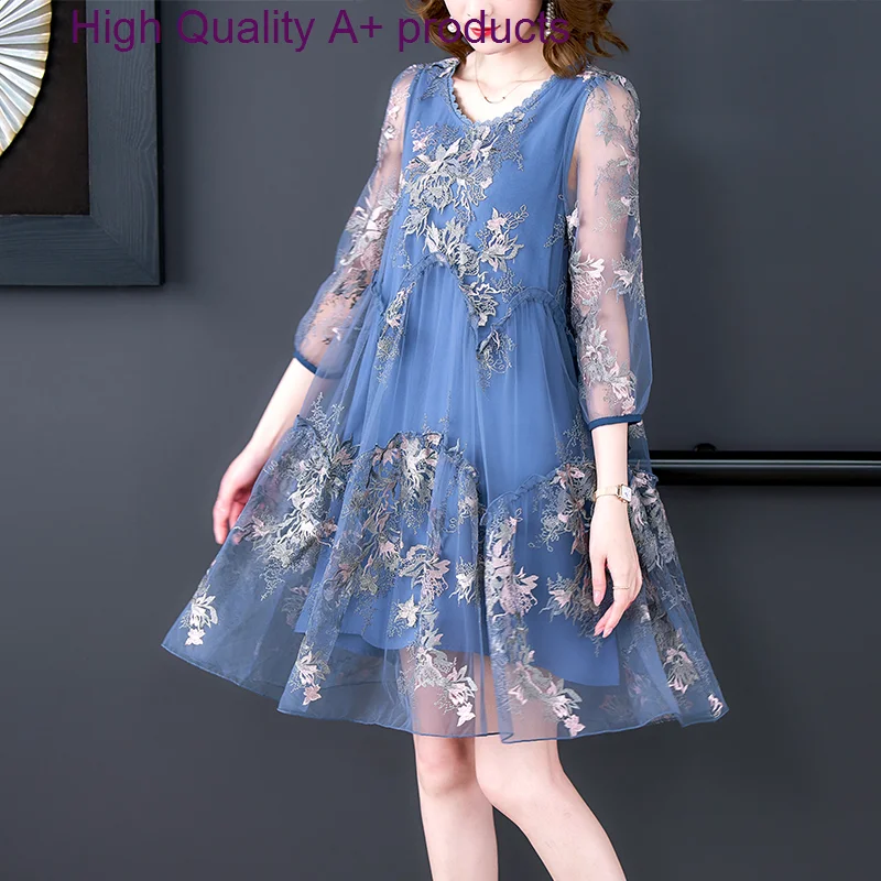 

Женское Сетчатое шелковое платье с цветочной вышивкой, свободное дышащее облегающее ТРАПЕЦИЕВИДНОЕ синее платье для весны и лета, 2023